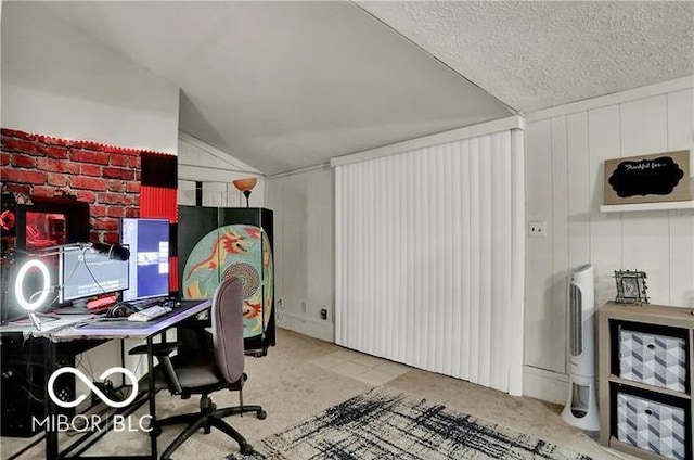 office space with lofted ceiling, light colored carpet, and a textured ceiling