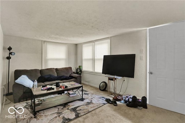 living area featuring carpet, a textured ceiling, and a textured wall