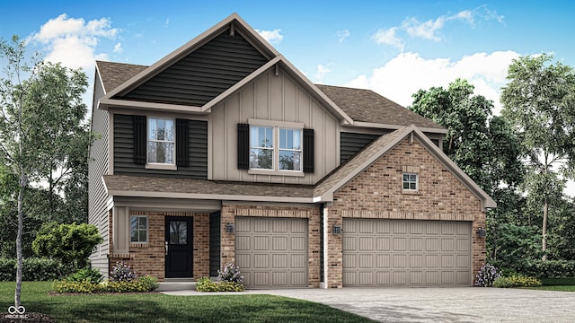 craftsman inspired home with a shingled roof, concrete driveway, an attached garage, board and batten siding, and brick siding