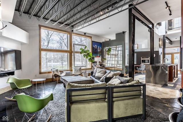 living room with track lighting and a high ceiling