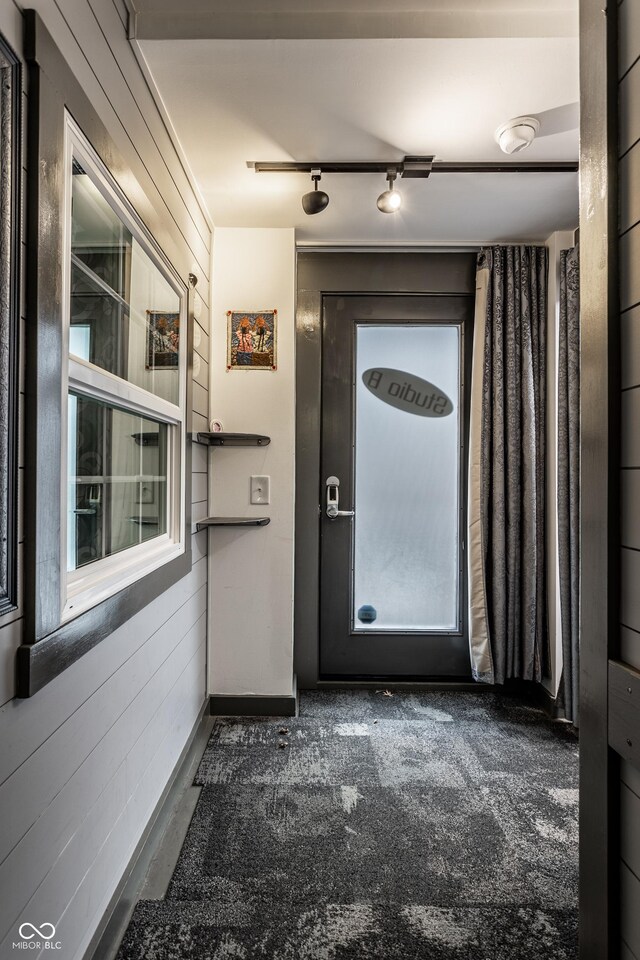 interior space with wooden walls and track lighting