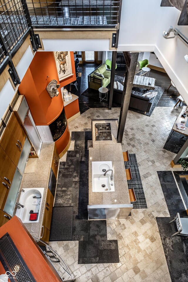 living room with a high ceiling