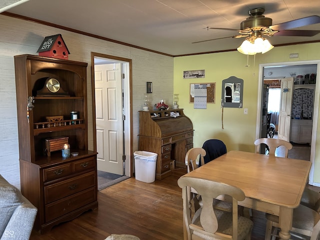 245 W Dixie Bee Rd, Veedersburg, IN 47987 - dining area featuring dark wood finished floors, ceiling fan, and crown molding