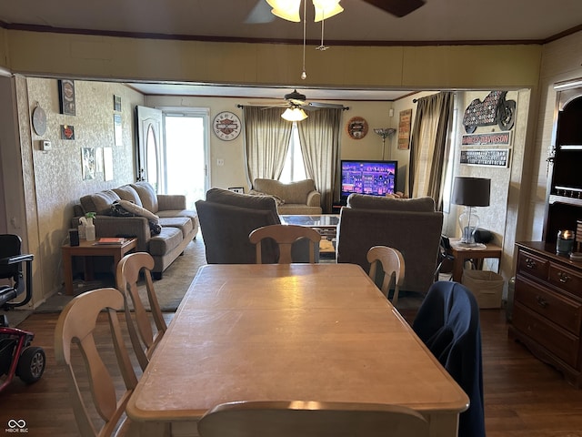245 W Dixie Bee Rd, Veedersburg, IN 47987 - dining room with a ceiling fan, ornamental molding, and wood finished floors