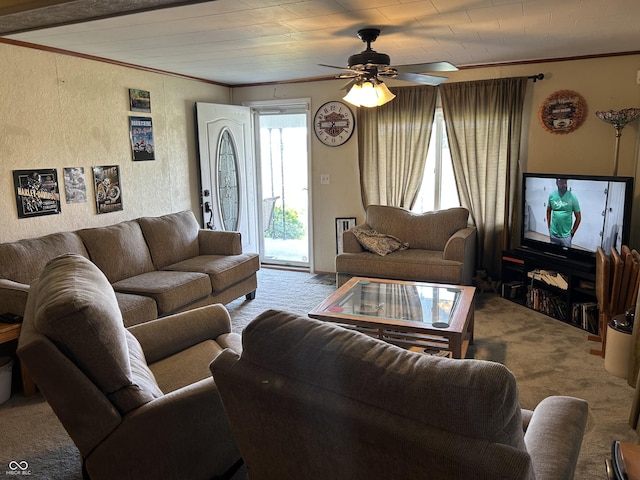 245 W Dixie Bee Rd, Veedersburg, IN 47987 - carpeted living room featuring crown molding, a ceiling fan, and a textured wall