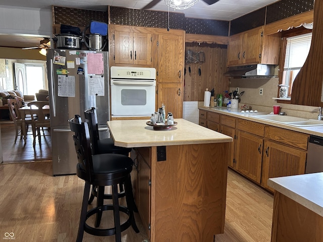 245 W Dixie Bee Rd, Veedersburg, IN 47987 - kitchen with appliances with stainless steel finishes, under cabinet range hood, a ceiling fan, and light countertops
