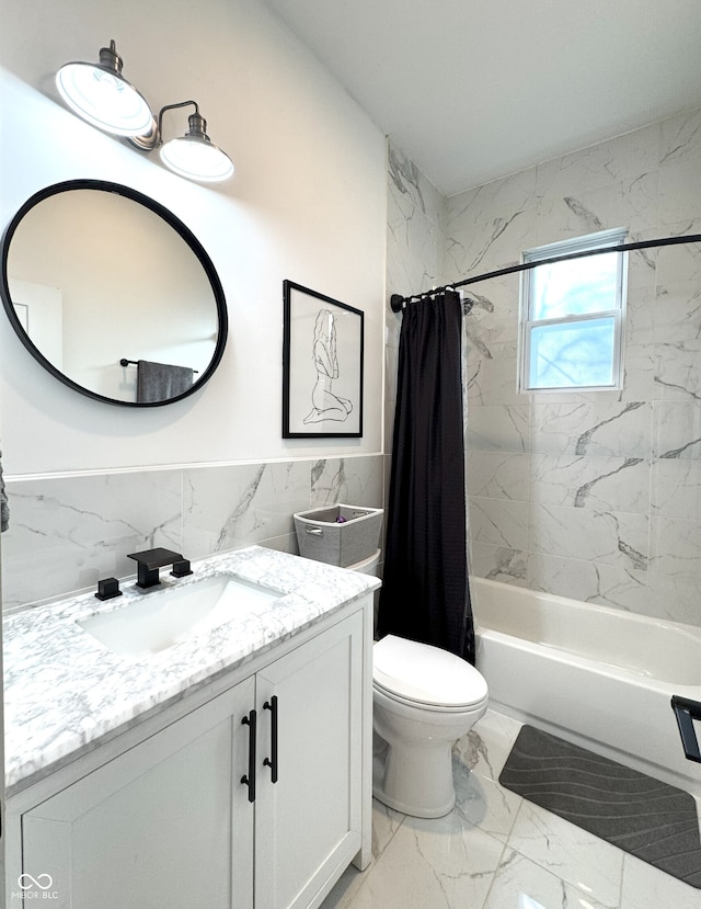 1818 N Cornell Ave, Indianapolis, IN 46202 - full bath with marble finish floors, tile walls, shower / tub combo with curtain, vanity, and toilet