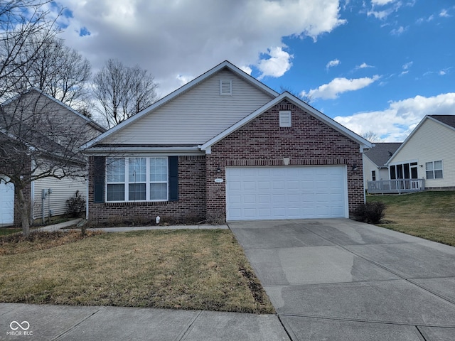 ranch-style house with a front lawn, concrete driveway, brick siding, and an attached garage
