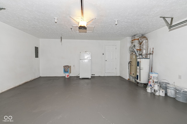 garage with a garage door opener, freestanding refrigerator, electric panel, and electric water heater