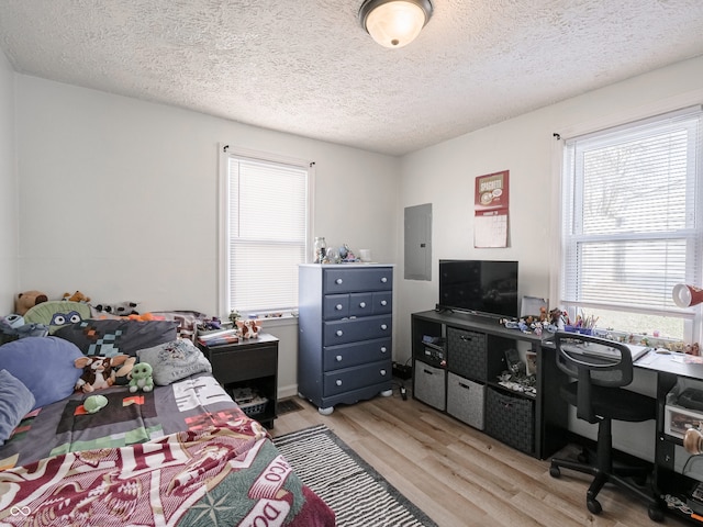 bedroom with light wood-style floors, electric panel, a textured ceiling, and multiple windows