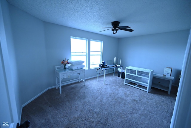 miscellaneous room with a ceiling fan, carpet flooring, a textured ceiling, and baseboards