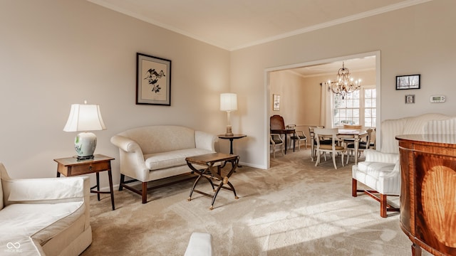 carpeted living area featuring baseboards, ornamental molding, and a chandelier