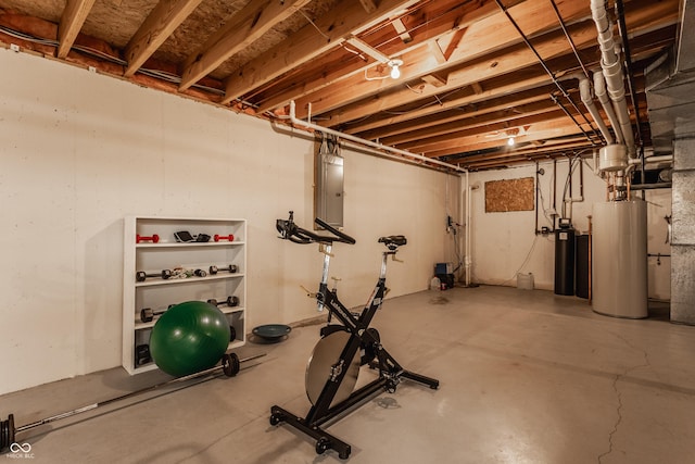 exercise area with electric panel and gas water heater