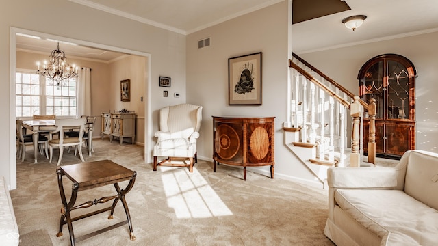 carpeted living area with a notable chandelier, visible vents, baseboards, stairs, and crown molding