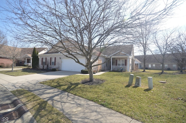 view of front of home with a porch, a front lawn, concrete driveway, a garage, and brick siding