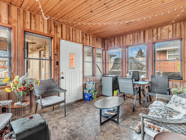 sunroom with wood ceiling