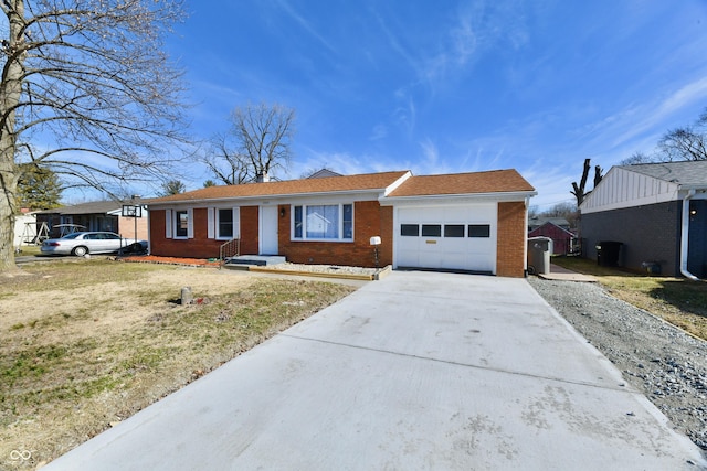 ranch-style house with driveway, brick siding, and an attached garage