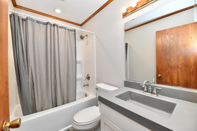 full bathroom featuring toilet, shower / tub combo, ornamental molding, and vanity