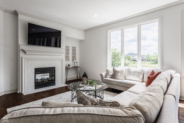 living area featuring a fireplace with flush hearth, ornamental molding, baseboards, and wood finished floors