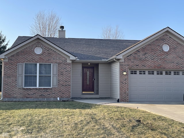 single story home with brick siding, concrete driveway, a front yard, a chimney, and an attached garage