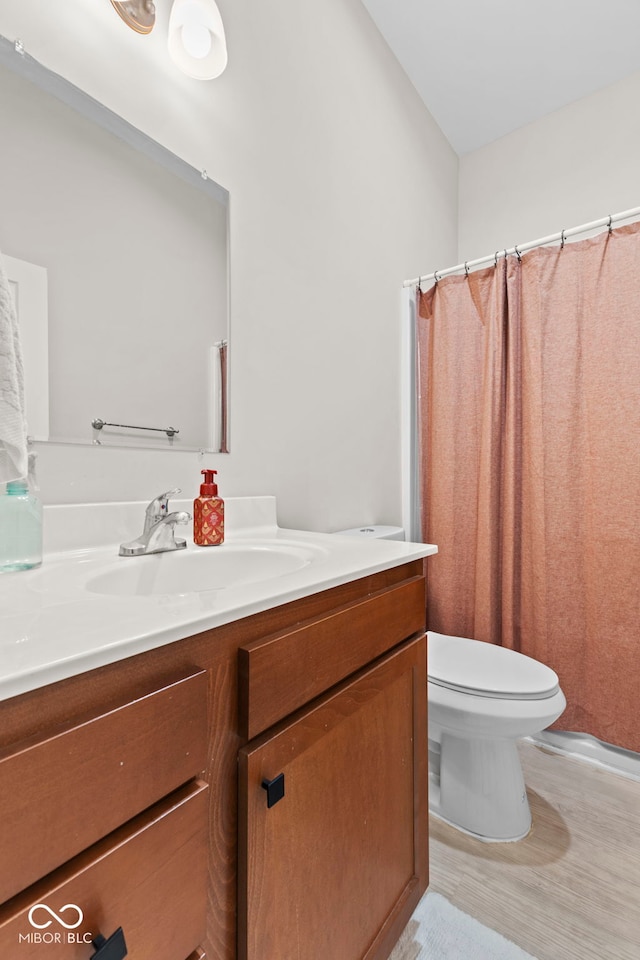 bathroom with toilet, a shower with curtain, wood finished floors, and vanity