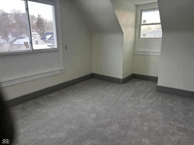 additional living space featuring lofted ceiling, carpet flooring, and baseboards