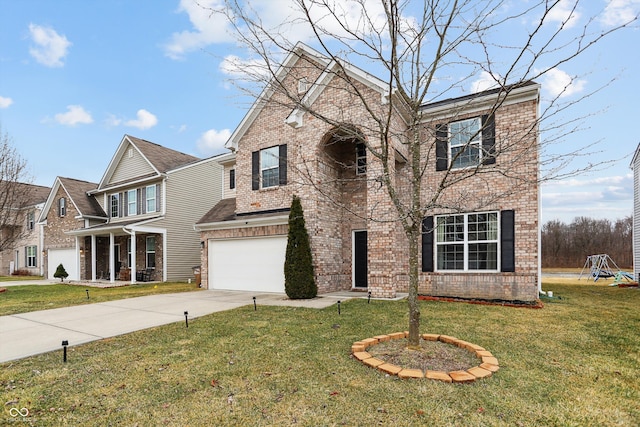 traditional-style house with driveway, brick siding, and a front lawn