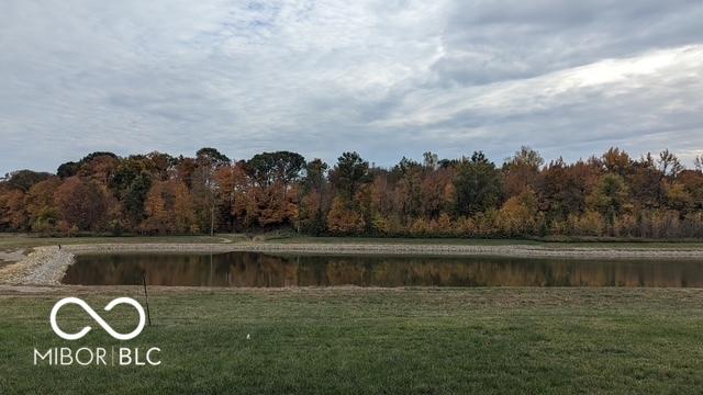 view of yard with a water view and a forest view