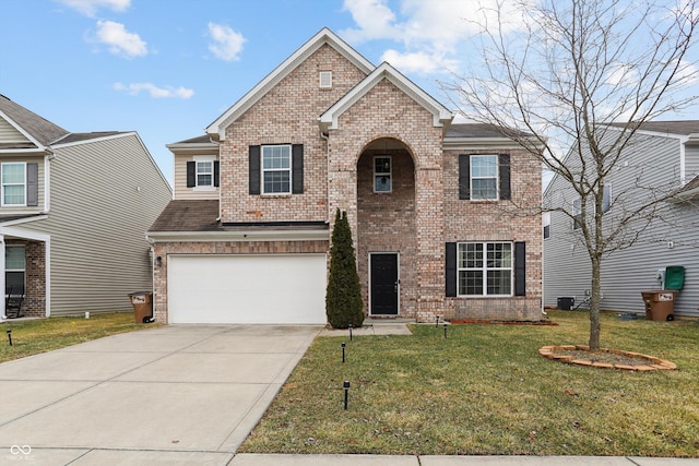 traditional home with central AC unit, a garage, brick siding, concrete driveway, and a front lawn