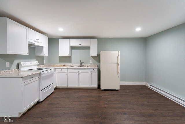 238-240 N Beville Ave, Indianapolis, IN 46201 - kitchen featuring white appliances, light countertops, under cabinet range hood, white cabinetry, and a sink