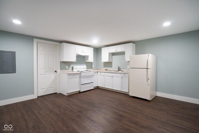 238-240 N Beville Ave, Indianapolis, IN 46201 - kitchen with white appliances, electric panel, white cabinets, light countertops, and a sink