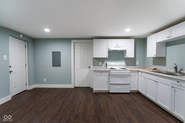 238-240 N Beville Ave, Indianapolis, IN 46201 - kitchen with white electric range, dark wood-type flooring, white cabinets, a sink, and electric panel