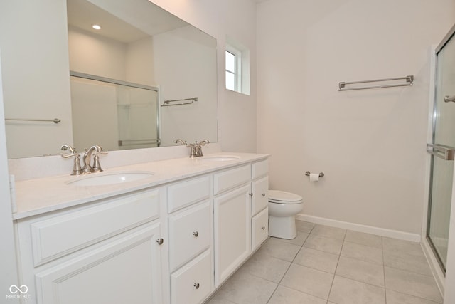 bathroom with a stall shower, tile patterned flooring, a sink, and double vanity