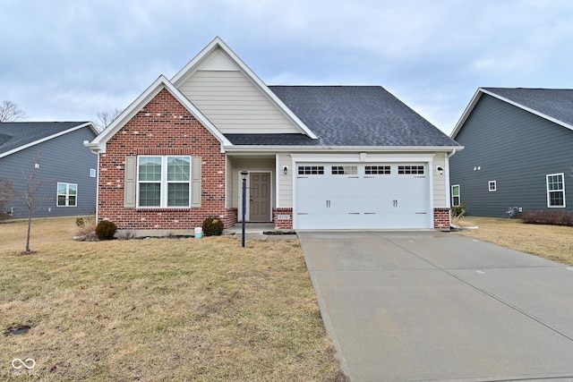 view of front of house featuring an attached garage, brick siding, concrete driveway, roof with shingles, and a front lawn