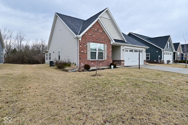 view of front of property featuring an attached garage, central air condition unit, brick siding, concrete driveway, and a front lawn