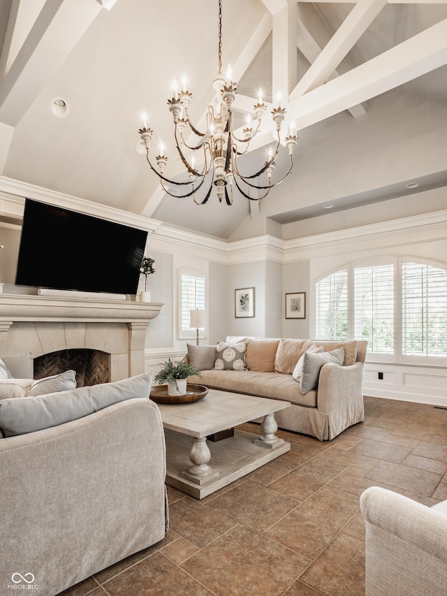 6560 Dawson Lake Dr, Indianapolis, IN 46220 - living area with stone tile floors, a chandelier, beamed ceiling, high vaulted ceiling, and a decorative wall