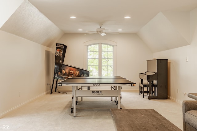 6560 Dawson Lake Dr, Indianapolis, IN 46220 - rec room featuring ceiling fan, light carpet, vaulted ceiling, baseboards, and recessed lighting