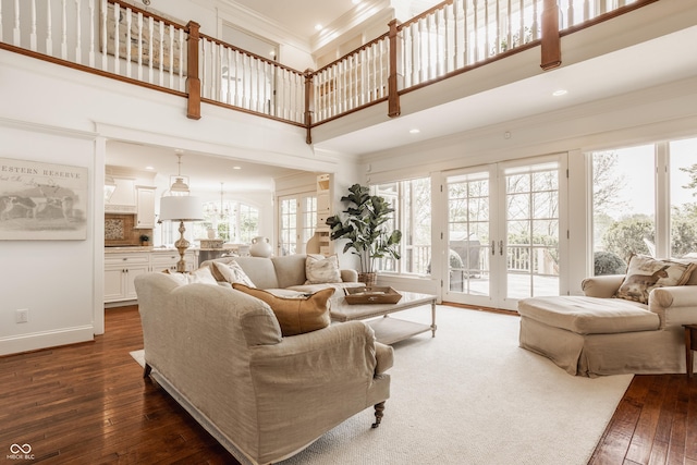 6560 Dawson Lake Dr, Indianapolis, IN 46220 - living room with french doors, ornamental molding, a high ceiling, dark wood-style floors, and recessed lighting