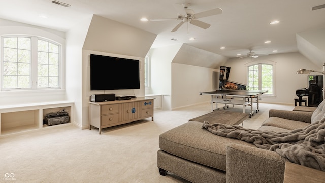 6560 Dawson Lake Dr, Indianapolis, IN 46220 - living room featuring a ceiling fan, light colored carpet, vaulted ceiling, recessed lighting, and baseboards