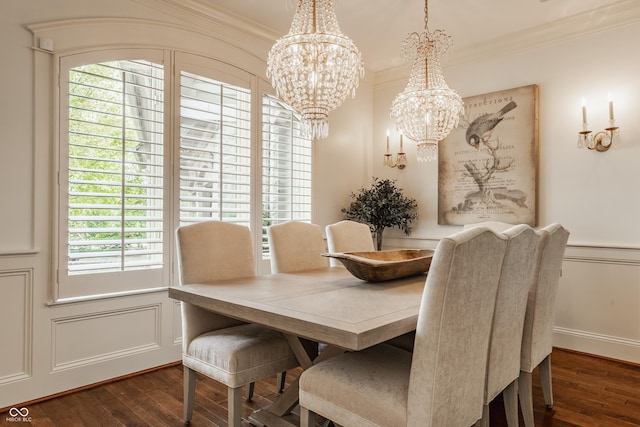 6560 Dawson Lake Dr, Indianapolis, IN 46220 - dining area with dark wood-style floors, ornamental molding, healthy amount of natural light, a chandelier, and a decorative wall