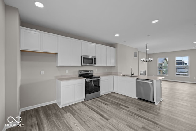 kitchen featuring white cabinets, a peninsula, stainless steel appliances, light wood-style floors, and a sink