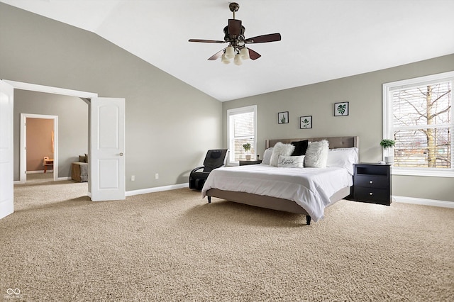 bedroom featuring carpet floors, high vaulted ceiling, a ceiling fan, and baseboards