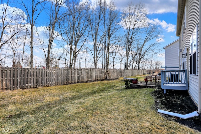 view of yard featuring a fenced backyard and a wooden deck