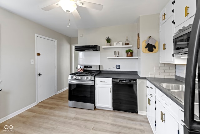 kitchen featuring open shelves, dark countertops, appliances with stainless steel finishes, white cabinets, and under cabinet range hood