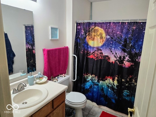 full bathroom with toilet, curtained shower, tile patterned flooring, and vanity