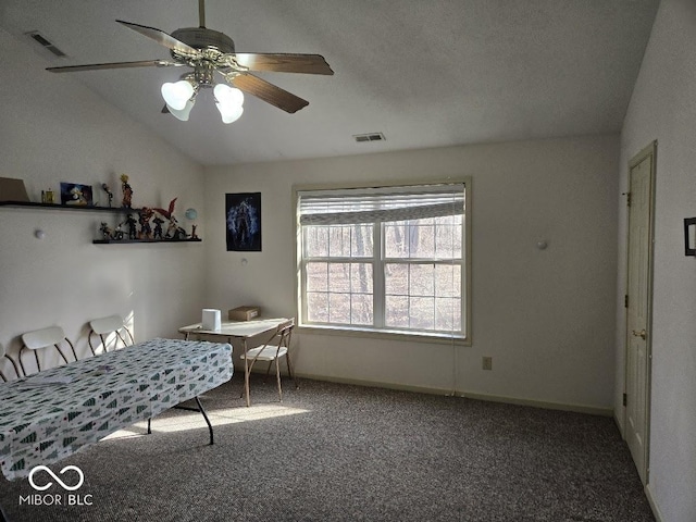 bedroom with lofted ceiling, carpet, visible vents, and baseboards