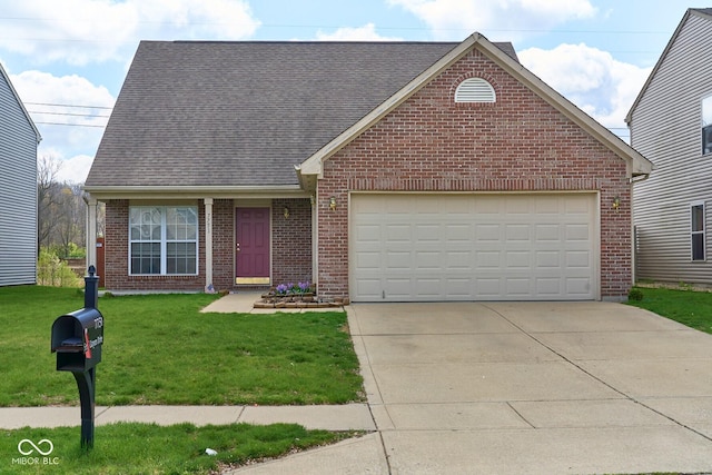 view of front of house with driveway, roof with shingles, an attached garage, a front lawn, and brick siding