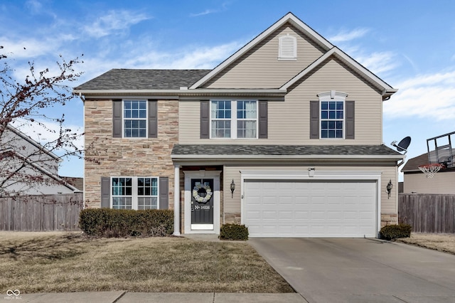 traditional home featuring a garage, stone siding, driveway, and fence