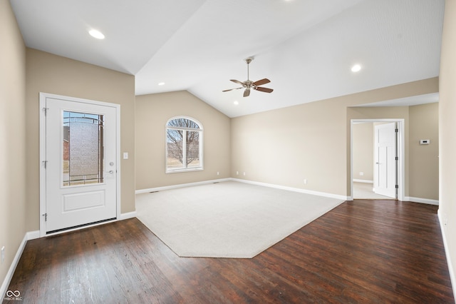 foyer with recessed lighting, ceiling fan, vaulted ceiling, wood finished floors, and baseboards