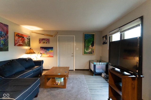 living area with baseboards and wood finished floors